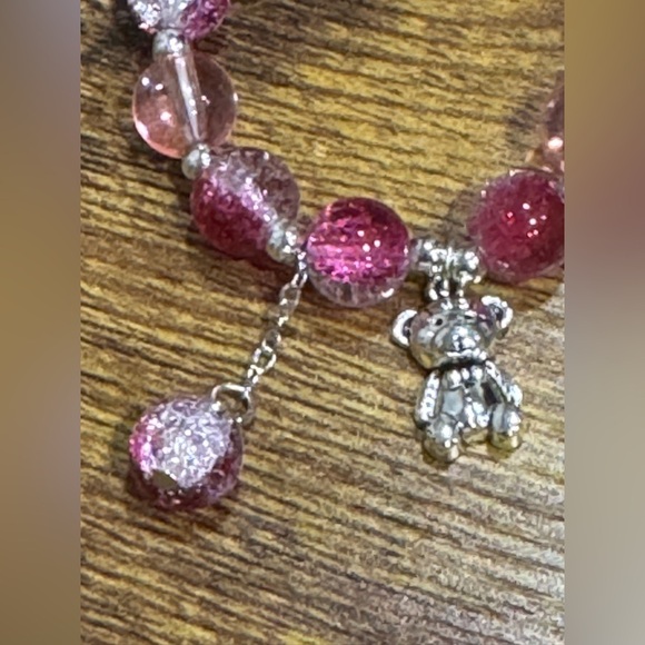 Pink and Silver Beaded Bracelet with Bear Charm - Picture 2 of 3